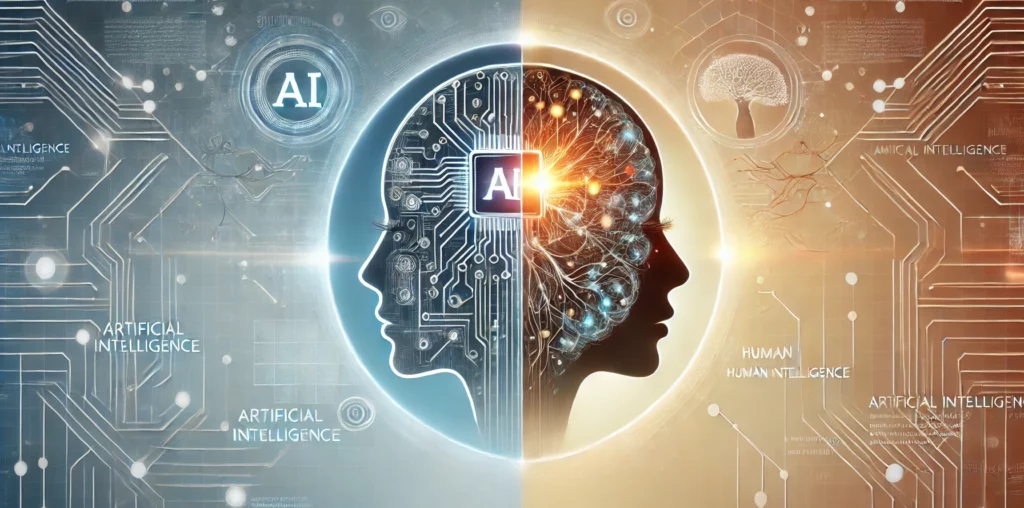 A sleek visual representation of artificial intelligence versus human intelligence in a 2 1 aspect ratio. On one side depict AI as a futuristic machi