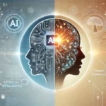 A sleek visual representation of artificial intelligence versus human intelligence in a 2 1 aspect ratio. On one side depict AI as a futuristic machi