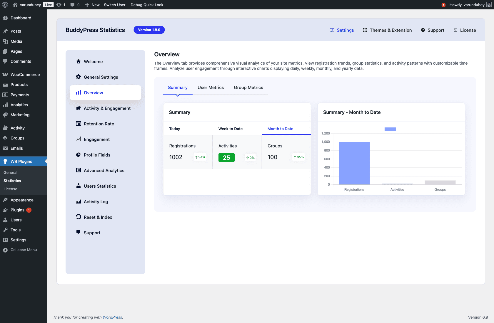 BuddyPress Statistics admin dashboard showing community metrics and activity overview