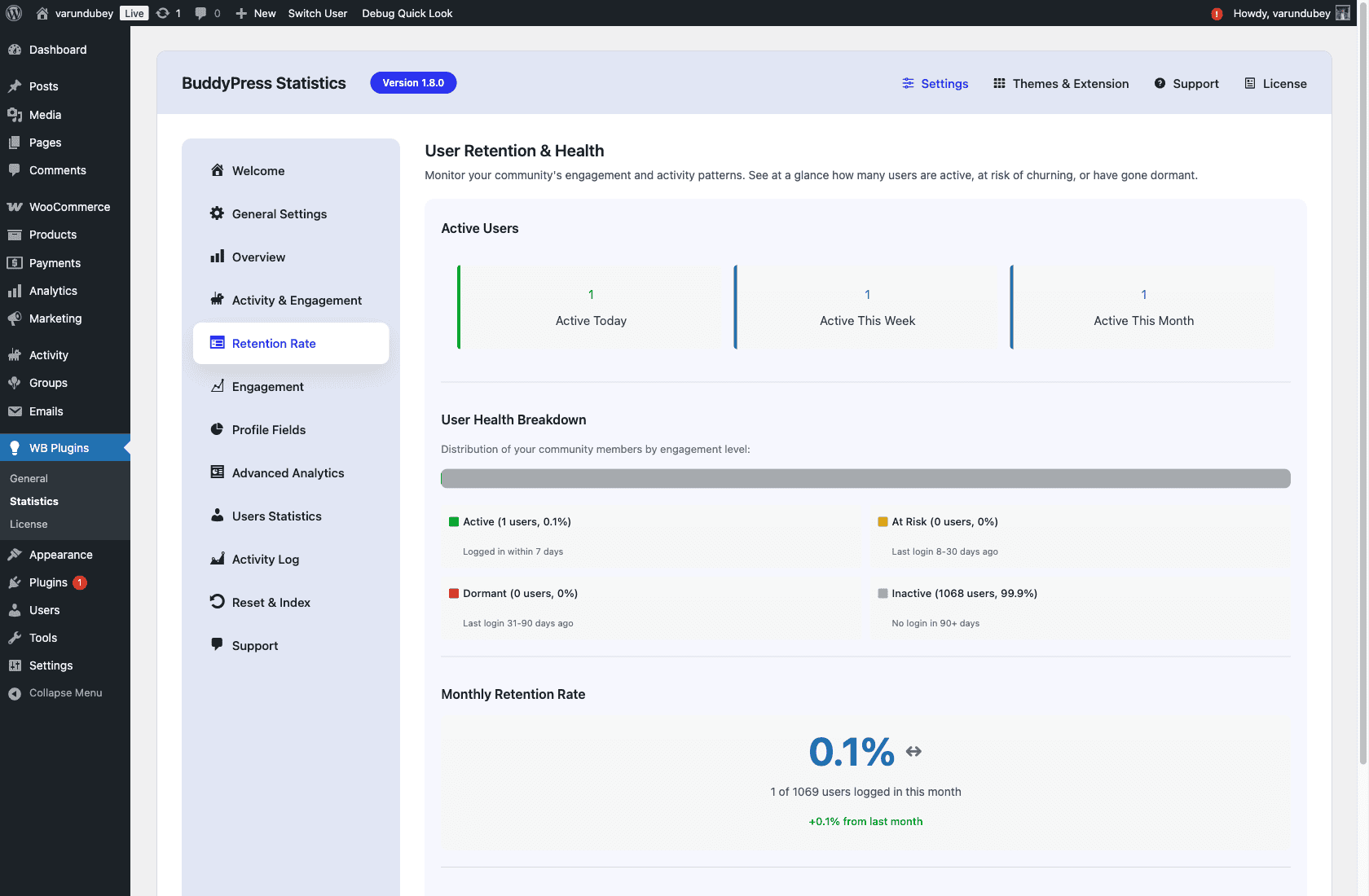 BuddyPress Statistics User Health Dashboard showing Active, At Risk, Dormant, and Inactive user segments