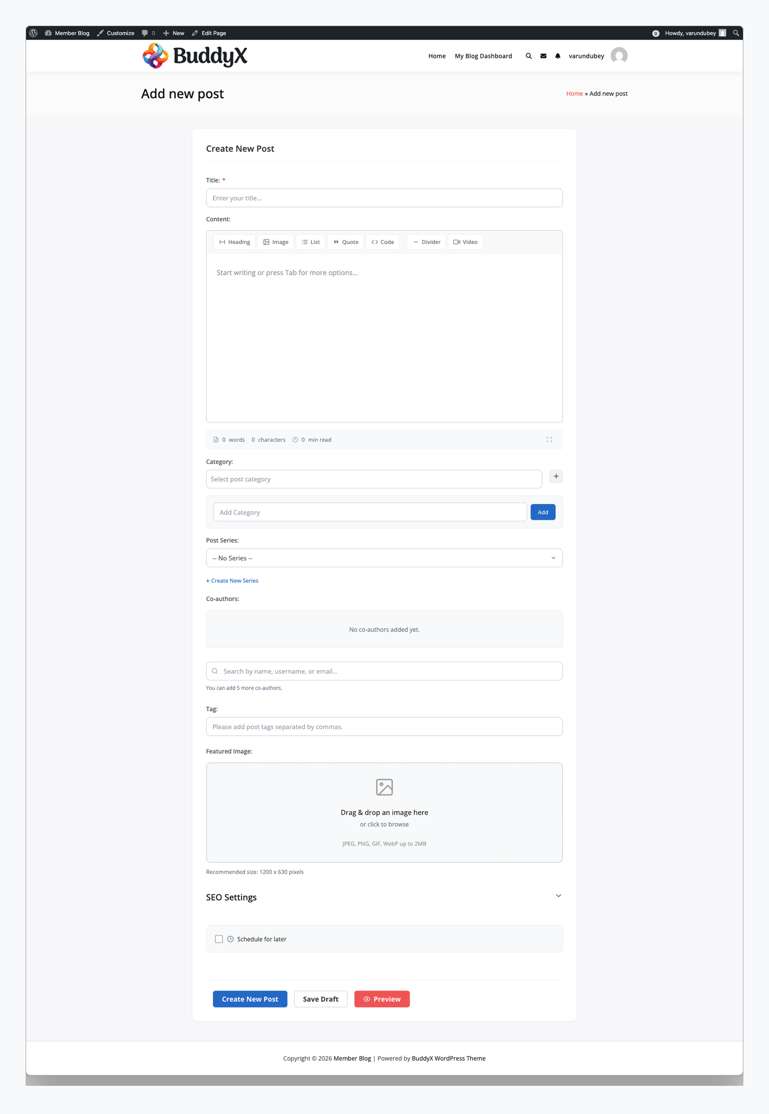 WB Member Blog Editor.js post creation form with professional frame styling