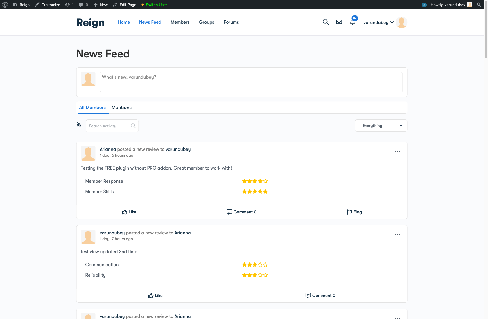 Activity stream showing the flag button for reporting inappropriate content