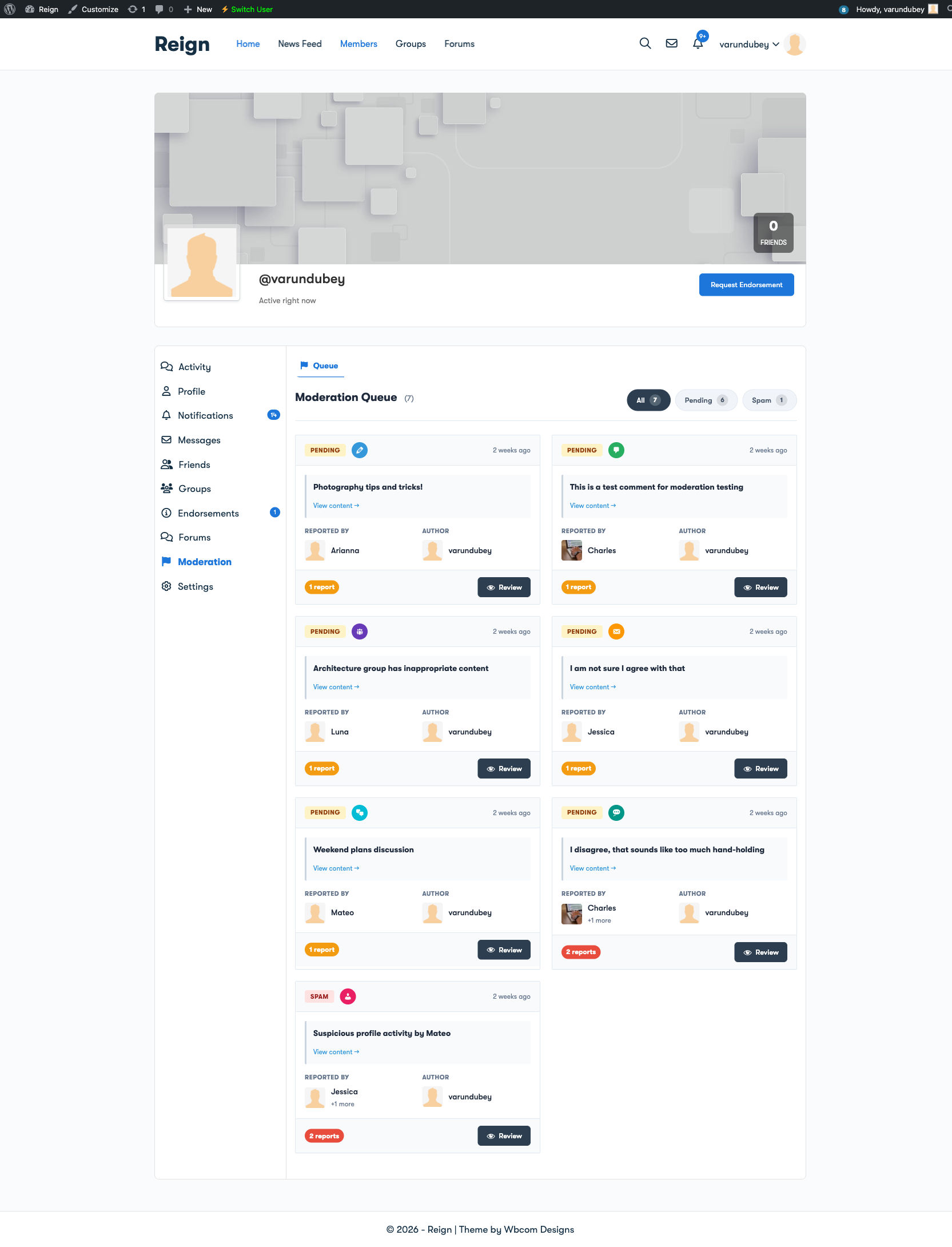 Frontend moderation queue allowing moderators to manage reports directly from BuddyPress profile