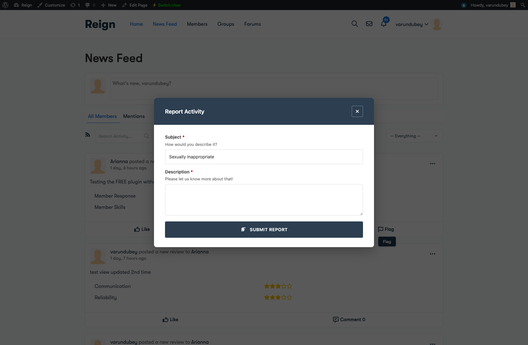 Report content modal with category selection for flagging inappropriate content
