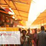 Vibrant African marketplace community gathering in warm sunlight - Community Without Borders