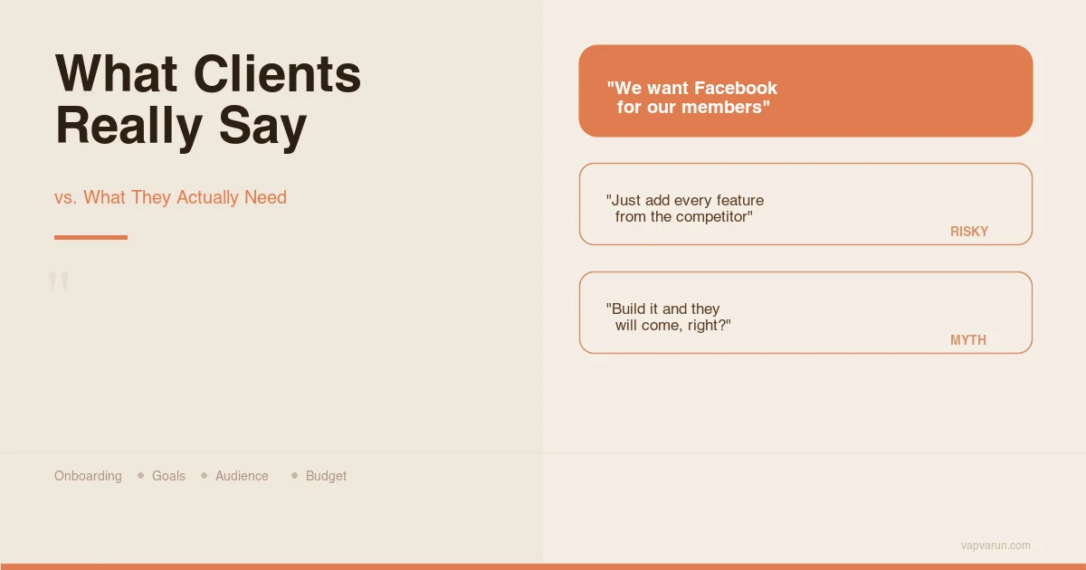 Client struggles when starting an online community - onboarding, goals, audience, and budget challenges