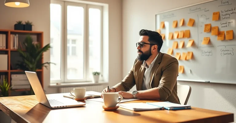Entrepreneur planning a community platform at a bright modern desk with strategy notes and checklist