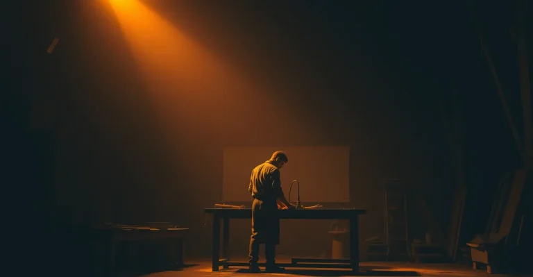 Solitary figure working at a workbench under warm amber light - representing the journey of building independently
