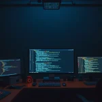 Dark moody workspace with multiple screens showing code and image generation - representing the AI content pipeline