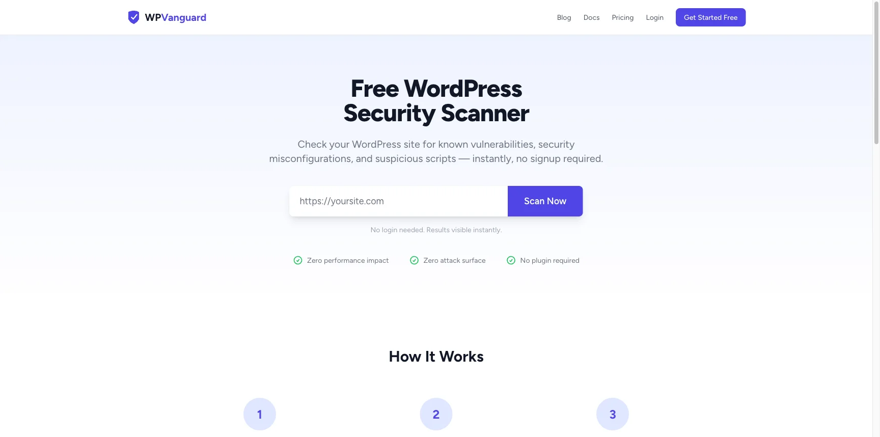 WP Vanguard homepage showing the security scanner and no-plugin trust bar