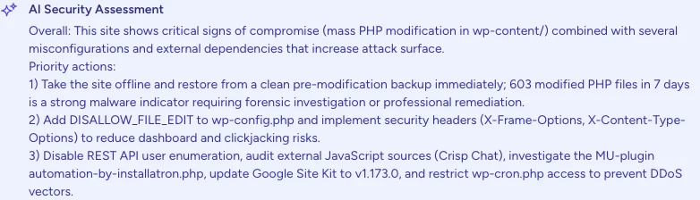 AI security assessment showing three priority actions with plain language explanations