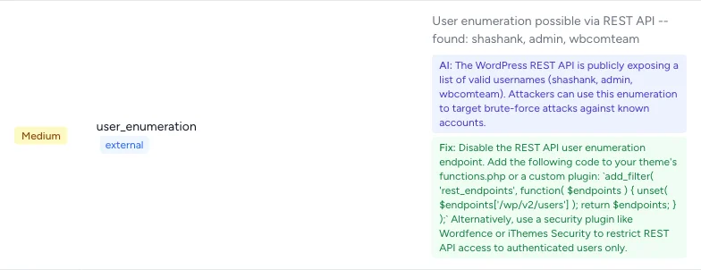 Medium severity: REST API exposing usernames with step-by-step fix