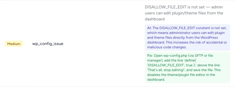 Medium severity: DISALLOW_FILE_EDIT not set in wp-config with code fix