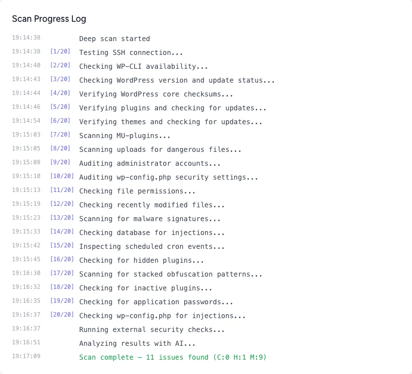 20-step deep scan progress log from SSH connection through AI analysis