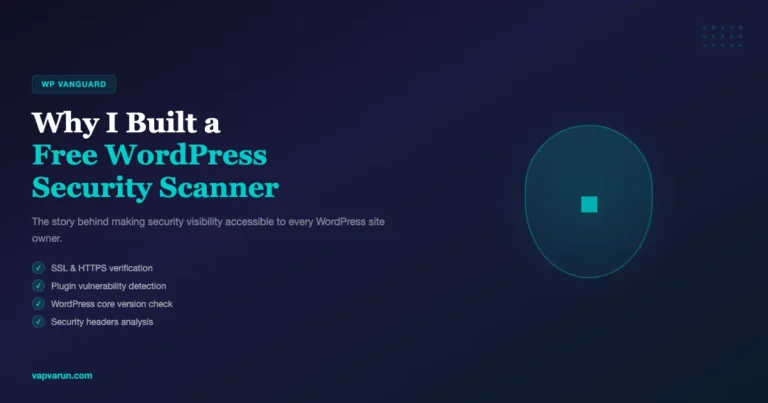 Dark themed banner showing WP Vanguard security scanner features including SSL verification, plugin vulnerability detection, and security headers analysis