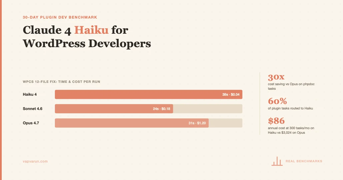 Horizontal bar chart comparing Claude 4 Haiku, Sonnet 4.6, and Opus 4.7 on WordPress plugin WPCS fix tasks by time and cost
