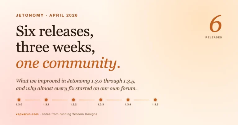 Jetonomy forum plugin release timeline April 2026 - six releases visualized with version numbers 1.3.0 through 1.3.5 on a warm cream editorial background with vapvarun.com brand mark
