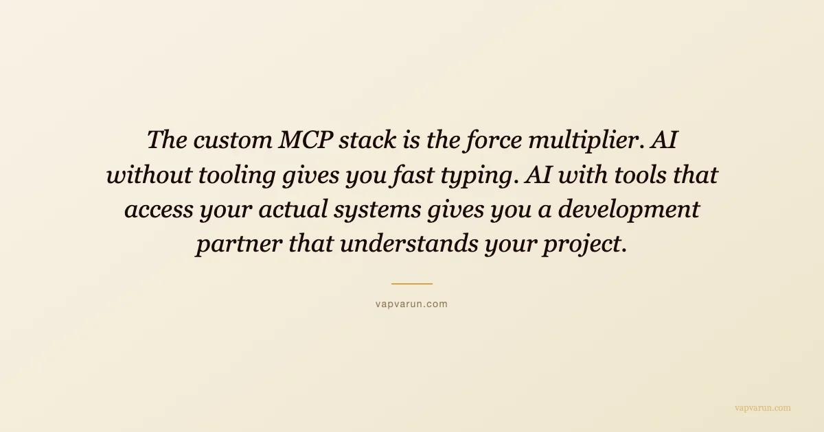 The custom MCP stack is the force multiplier. AI without tooling gives you fast typing. AI with tools that access your actual systems gives you a development partner that understands your project.