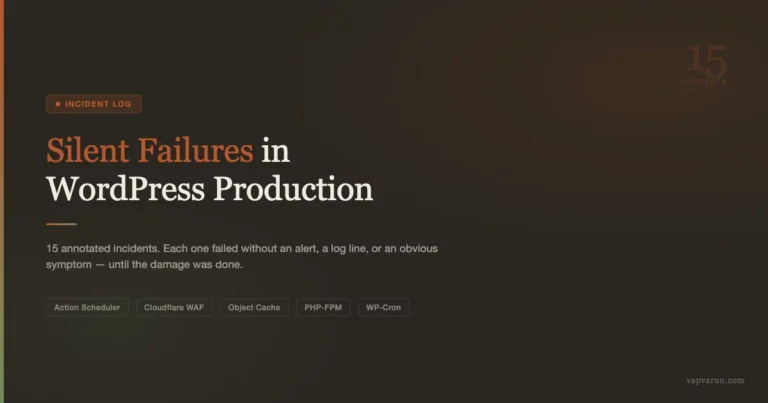 Silent Failures in WordPress Production: 15 Annotated Incidents — incident log graphic on dark charcoal background with rust accent