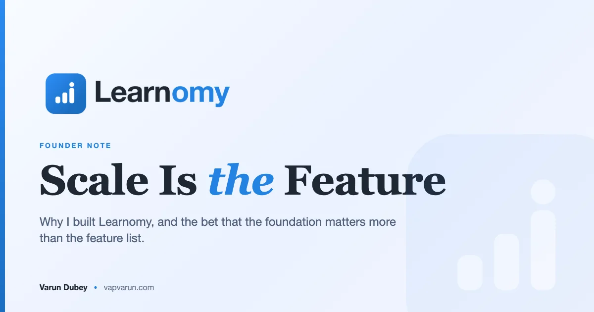 Learnomy logo with the headline Scale Is the Feature, a founder note on why I built Learnomy