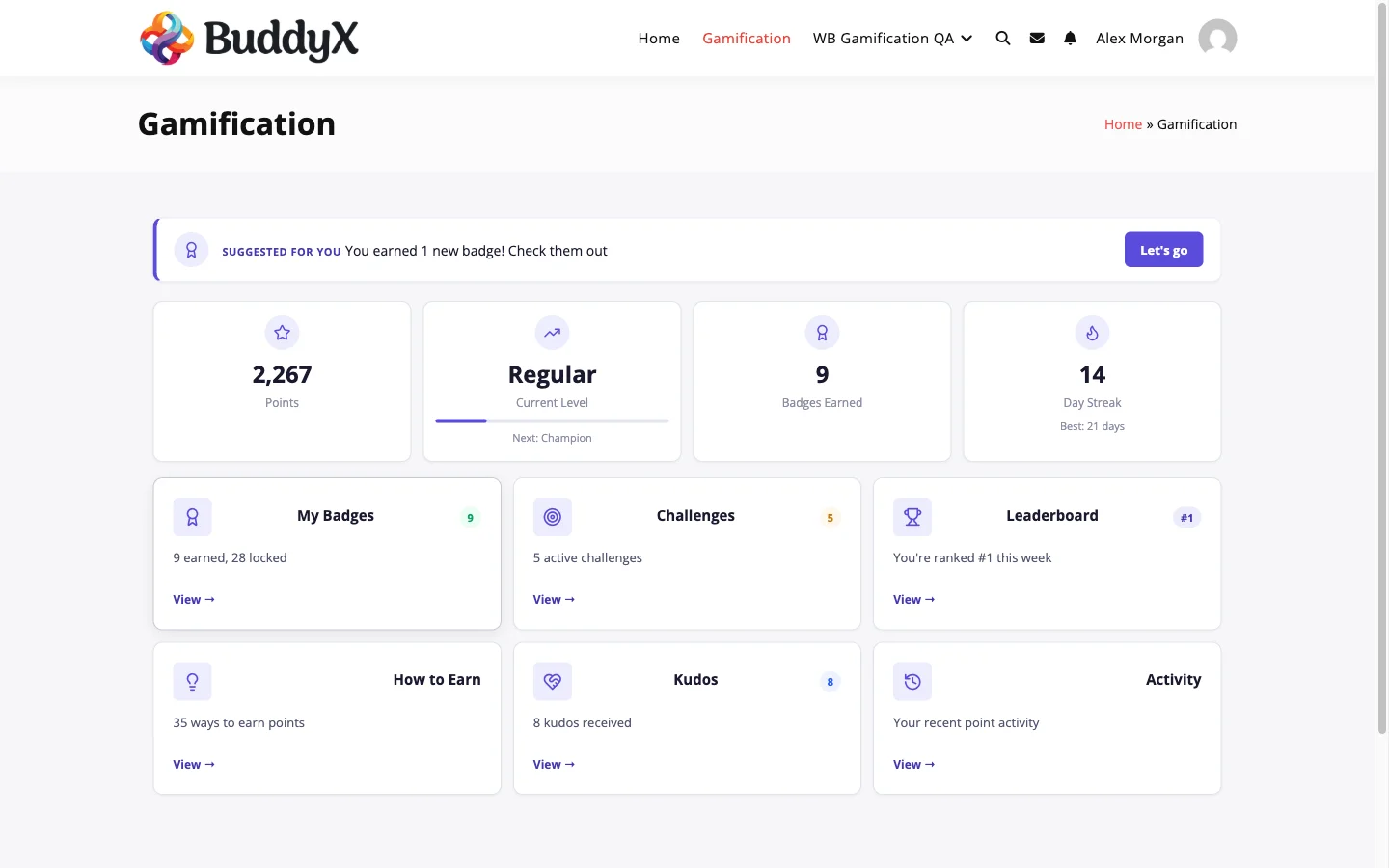 The member hub shows points, current level, badges earned, and the current streak in one place