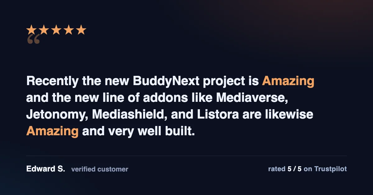 Five-star Trustpilot review of the complete WordPress platform from Edward S., praising BuddyNext, MediaVerse, Jetonomy and Listora
