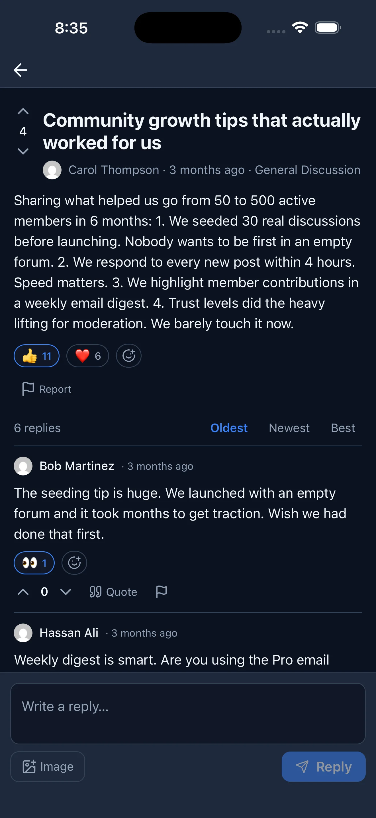 Jetonomy iOS app post detail with reactions and threaded replies