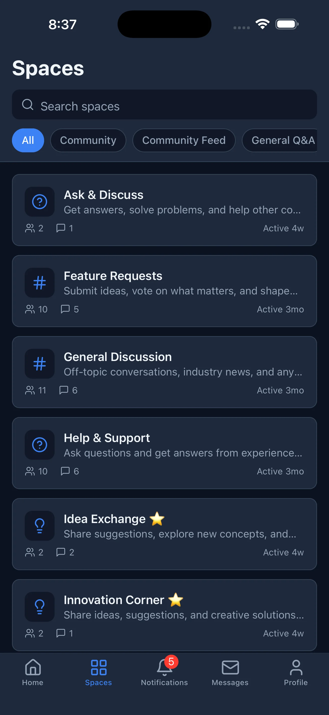 Jetonomy iOS app spaces list, forums, Q&A, and idea boards