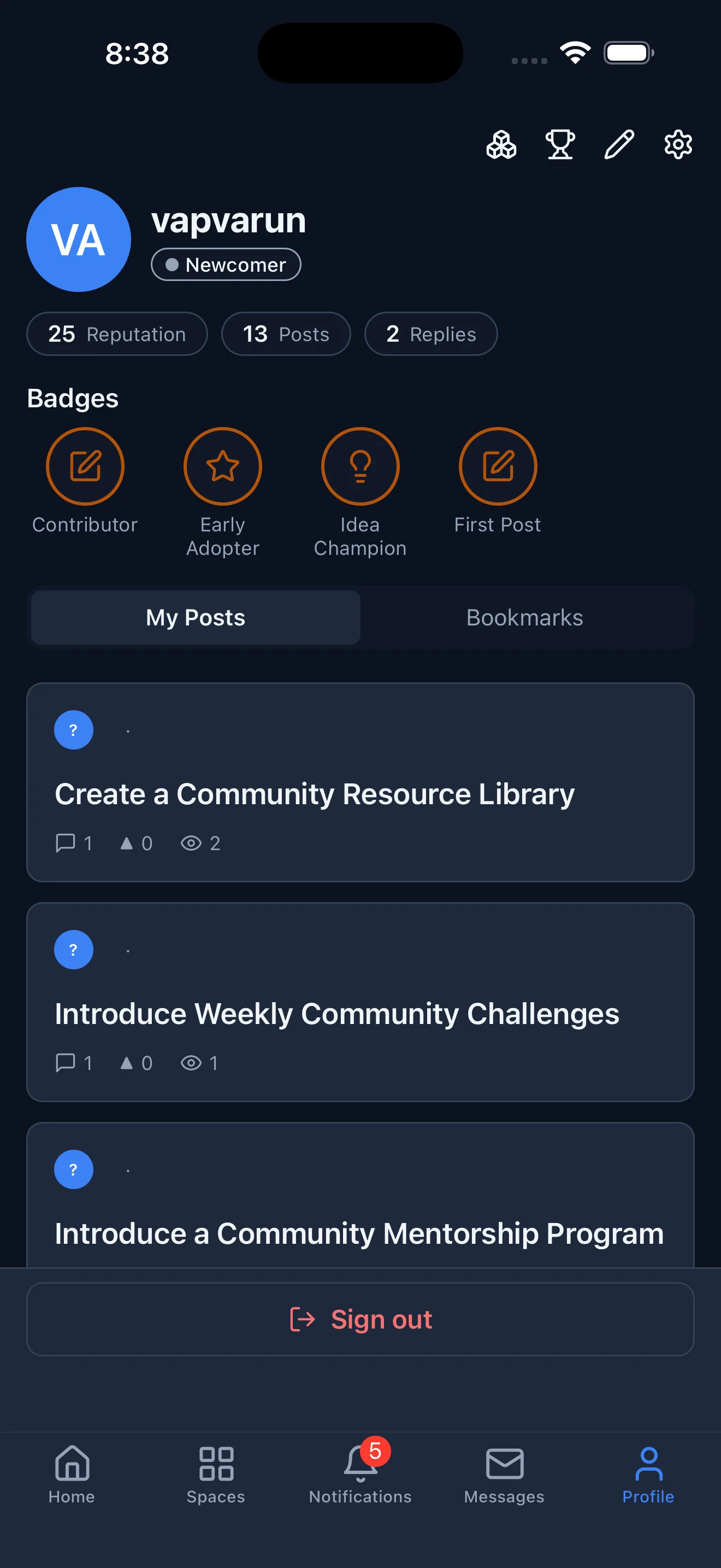 Jetonomy iOS app member profile with reputation and badges