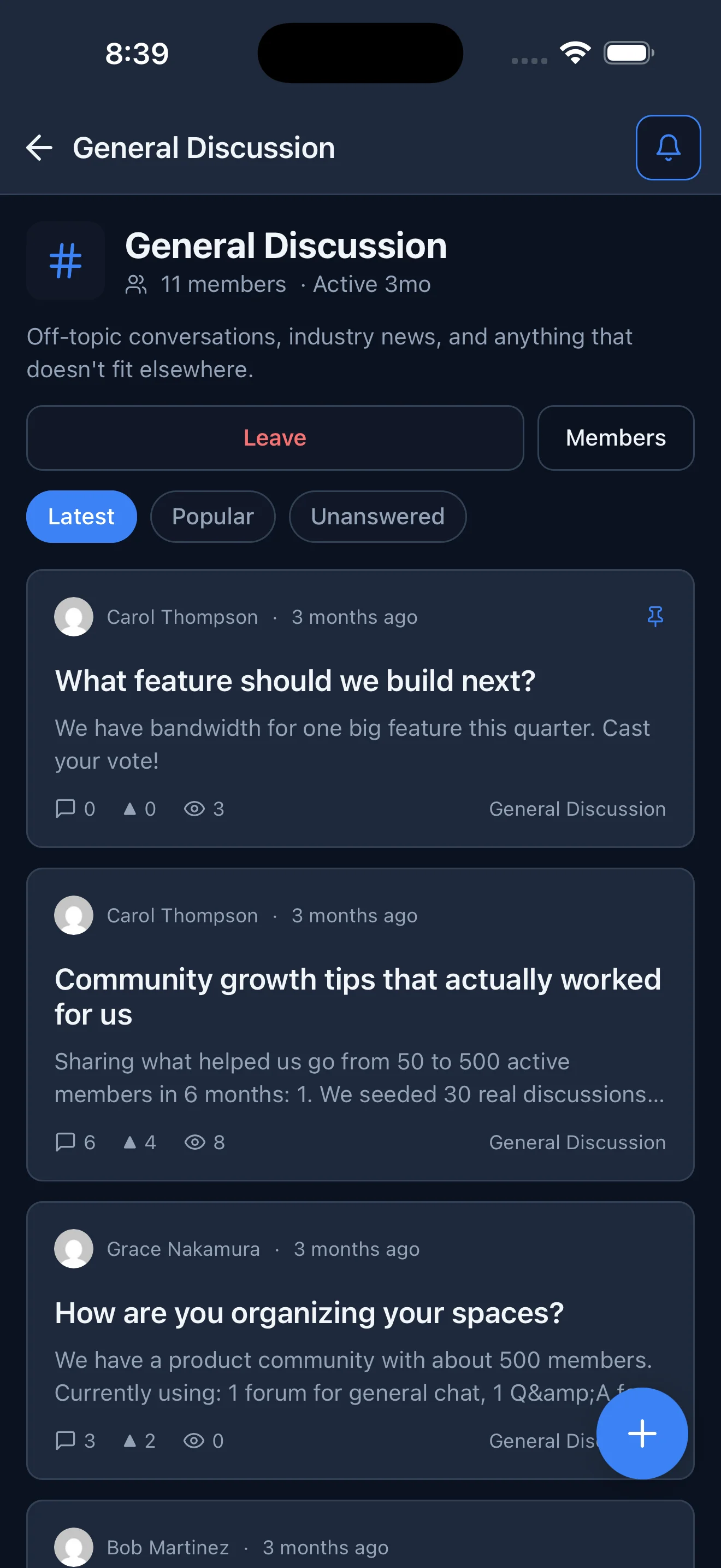 Jetonomy iOS app space detail showing a discussion space and its posts