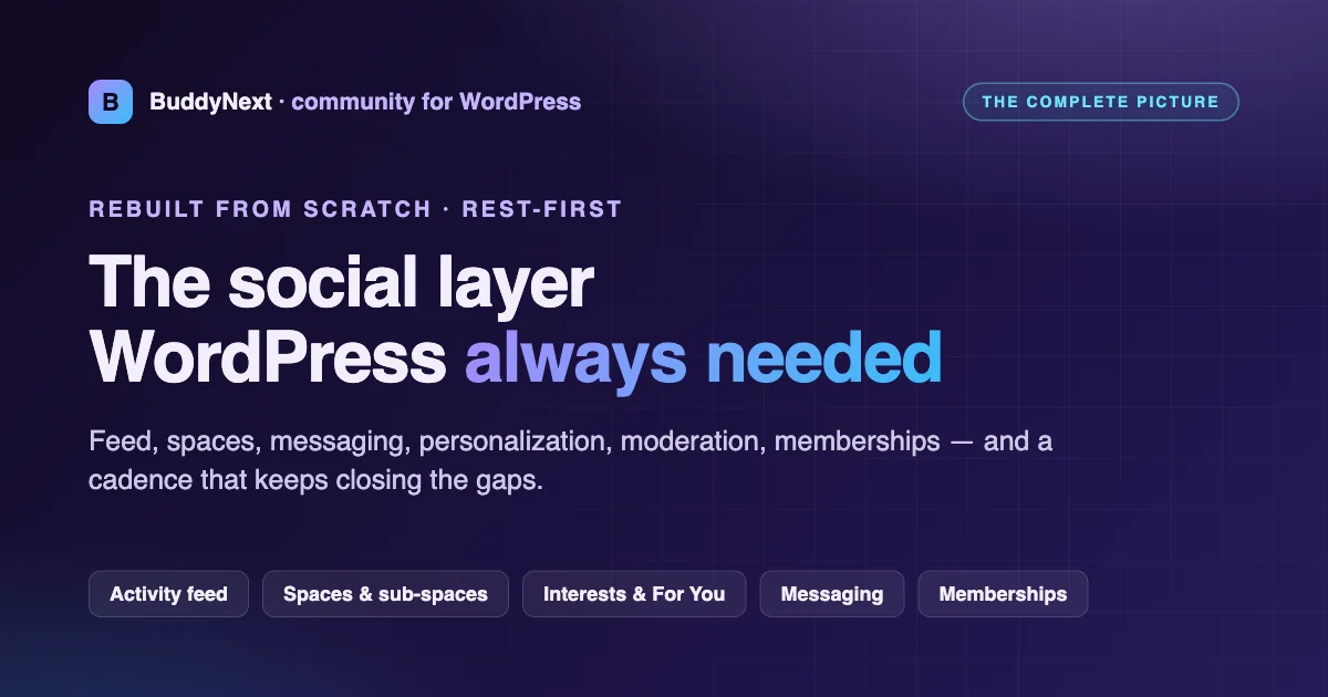 BuddyNext, the social layer WordPress always needed: activity feed, spaces and sub-spaces, interests, messaging, and memberships