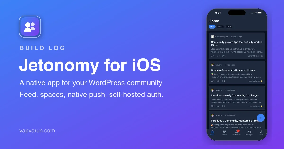 Jetonomy for iOS: a native app for your WordPress community, with the app feed shown on an iPhone