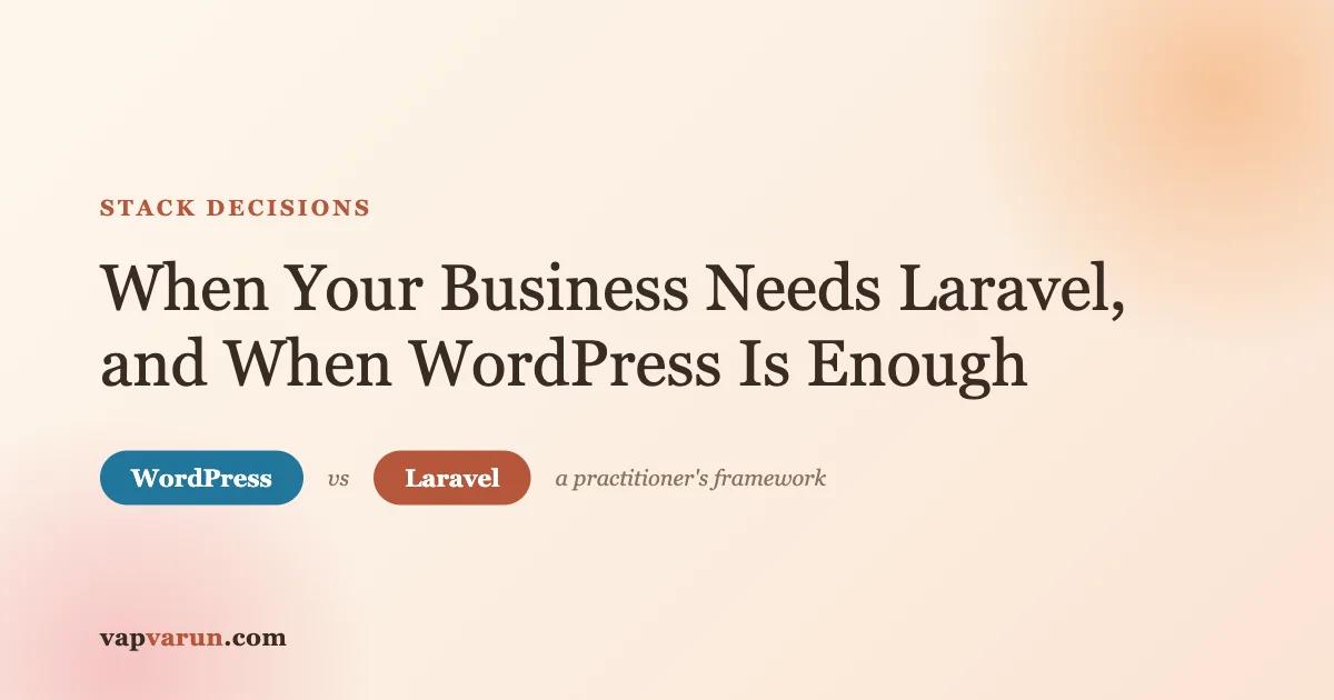 Laravel vs WordPress editorial banner: When Your Business Needs Laravel, and When WordPress Is Enough, a practitioner's framework on vapvarun.com