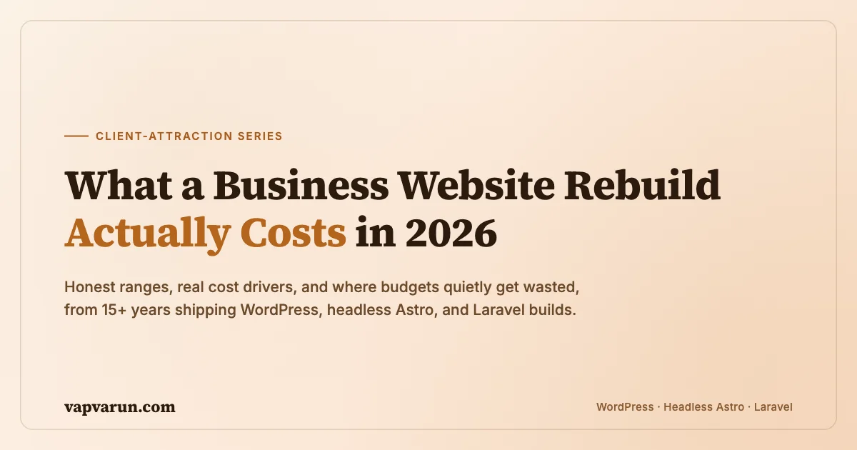 Website rebuild cost in 2026 editorial banner: honest cost ranges across WordPress, headless Astro, and Laravel, on vapvarun.com