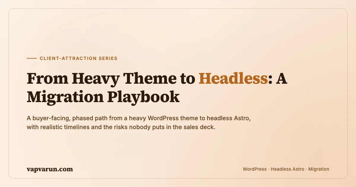 Editorial banner: From Heavy Theme to Headless, a headless WordPress migration playbook for business sites, on vapvarun.com