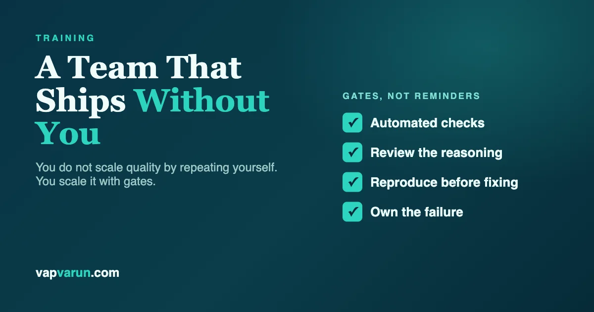 Card: A Team That Ships Without You, with a checklist of gates - automated checks, review the reasoning, reproduce before fixing, own the failure